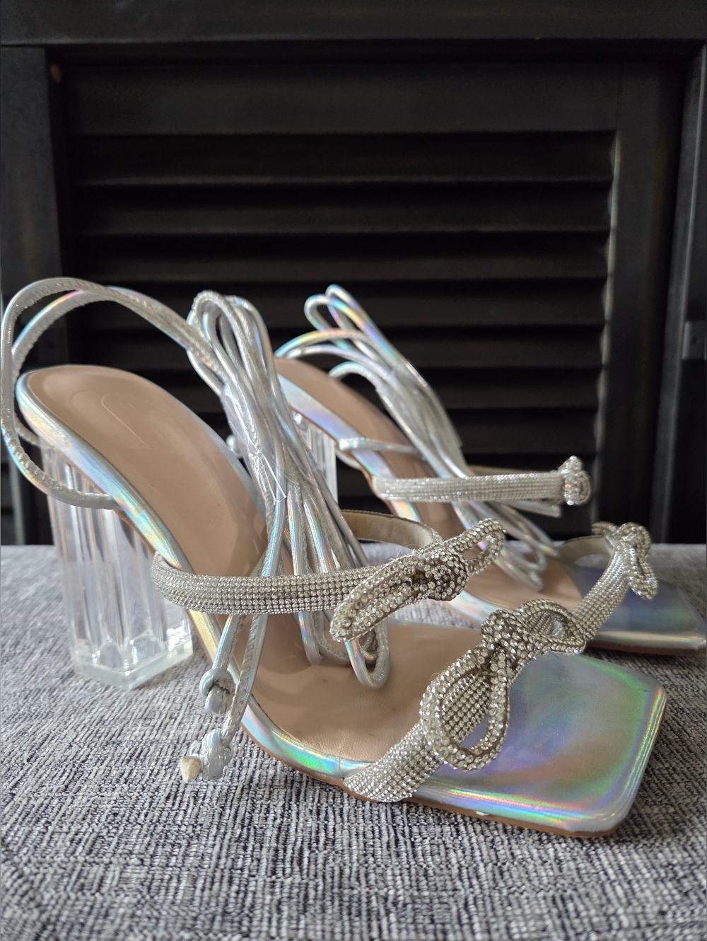 Silver Double Bow Knots Strappy Clear Block Heel Sandals Square-Toe Size 6